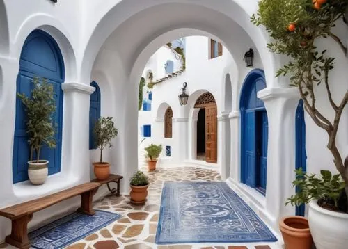 Mediterranean Greek interior, traditional Cycladic architecture, whitewashed walls, blue-domed church, rustic wooden furniture, ornate gold accents, colorful ceramic vases, intricately patterned rugs,