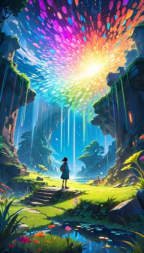 fairy world,mushroom landscape,fairy forest,3d fantasy,forest of dreams,fantasy landscape,colorful light,magical adventure,games of light,fairy village,fallen colorful,dream world,magical,wonderland,world digital painting,rainbow background,fantasy picture,fantasy world,prism,beam of light,Anime,Anime,Cartoon