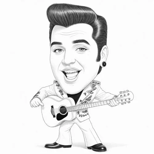 pencil drawing style  Julius Leblanc Stewart Caricature style drawing of a celebrity, big head, small body, exaggerated facial expressions. A 3D animated character resembling Elvis Presley, wearing a 