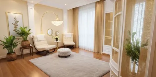 Classical style formal Entry / waiting room with rich design and luxurious decor, wall molding and false ceiling all in classical interior decor. there is a fish tank in the room and a floor lamp to p