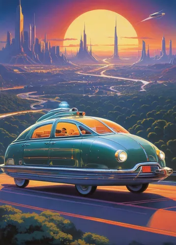 futuristic landscape,futuristic car,buick super,moon car,buick electra,ford prefect,chrysler concorde,buick lesabre,cadillac de ville series,ford starliner,buick century,lincoln mark viii,atomic age,buick roadmaster,buick y-job,borgward,retro automobile,hudson hornet,chrysler airflow,buick park avenue,Illustration,Retro,Retro 09