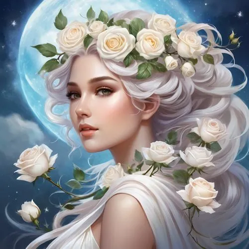 moonflower,white rose snow queen,blue moon rose,beach moonflower,fantasy portrait,rose flower illustration,white rose,rosa 'the fairy,romantic rose,zodiac sign libra,white roses,porcelain rose,scent of roses,sky rose,elven flower,rose wreath,wild roses,moonbeam,romantic portrait,noble roses,Illustration,Realistic Fantasy,Realistic Fantasy 01