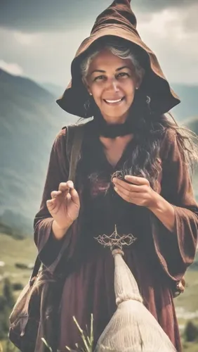 witch with witch hat and witch clothes, long hair, brown eyes, doing spell,peruvian women,yogananda,woman holding pie,indian woman,biblical narrative characters,indian monk,nomadic people,ayurveda,pac