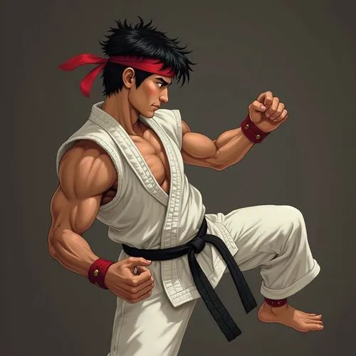 Dark haired asian man (looks like Ryu) with muscles, wearing a sleeveless white karate gi with white karate pants (with black karate belt), wearing a red headband, doing a side kick.,ryu kicking.,ryu,