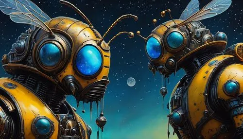 A mixed media Side profile painting of giant mech bumble bees, pop surrealism by Peter Blume, mixed media, dribbling paint effect background,  pop surrealism, mixed media, moon light, illustrator Guil