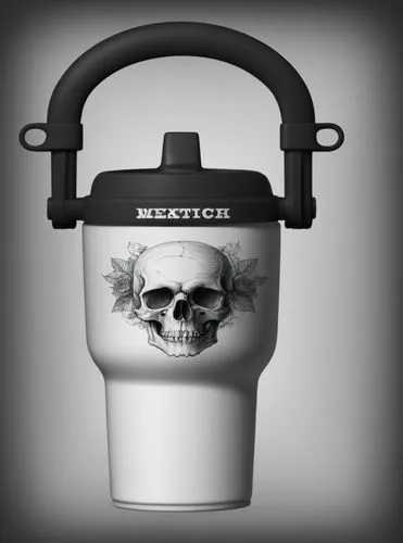 杯身上有骷髅简笔画,a white mug with a black handle on it,skullcandy,respirator,resuscitator,respirators,skulduggery,radiological