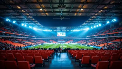 Vibrant stadium interior, luxurious seats, soft cushioning, metallic railings, polished concrete floors, sleek modern architecture, grandstand seating areas, bright LED scoreboard displays, atmospheri