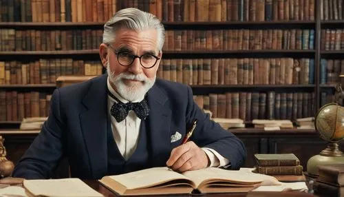 L. Frank Baum, author, bespectacled, gray hair, white beard, gentle smile, wearing a suit, holding a pen, sitting at a desk, surrounded by books, papers, and illustrations, warm lighting, wooden furni