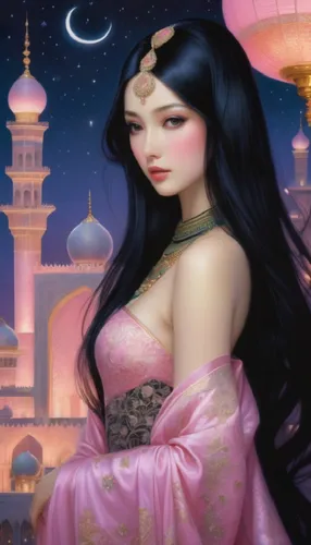 hair flutters softly in the wind,an oriental painting of a woman in pink,rem in arabian nights,sheherazade,oriental princess,scheherazade,islamic girl,arabic background