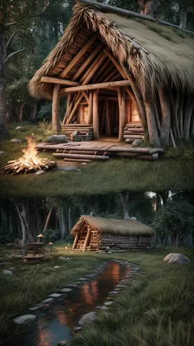 iron age hut,hobbiton,ancient house,wooden hut,hobbit,log cabin,summer cottage,small cabin,3d render,traditional house,fairy house,cottage,home landscape,straw hut,render,house in the forest,huts,little house,thatched cottage,log home