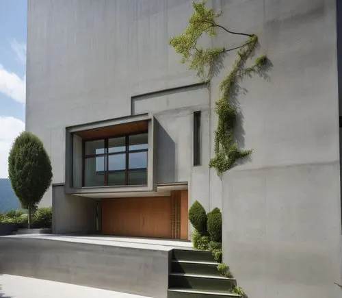 In a futuristic minimalist architecture, the house stands tall against a backdrop of bold, dark buildings. Its walls are bare, with deep, rich shades of green contrasting against the stark backdrop. T