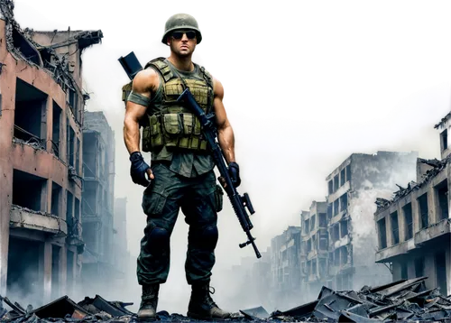 Cool war pictures, male soldier, muscular build, camouflage uniform, helmet, sunglasses, intense facial expression, holding rifle, standing in ruined city, misty atmosphere, low-angle shot, dramatic l