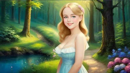 Romantic masterpiece painting, cute girl portrait, nostalgic fantasy forest scenery countryside, by Bob Ross, by Thomas Kinkade,eilonwy,fairy tale character,fairy forest,fantasy picture,celtic woman,f