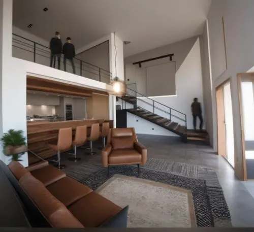 Design a minimalist style loft in an open space with double height. The living room has modern armchairs and a Persian-style rug on a wooden floor. The kitchen has a bar with modern finishes. There is