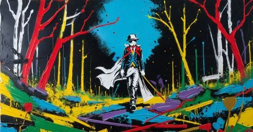 the painting is titled as a man wearing a hat and coat,deforge,mononoke,lemire,oeming,gouache,magica,Conceptual Art,Graffiti Art,Graffiti Art 01