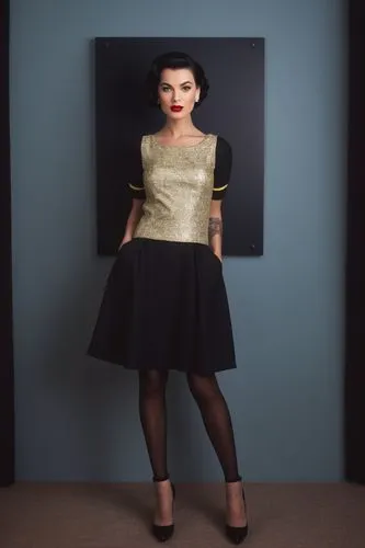 retro 50'st,black hair, model,the model poses for the camera, with her hands behind her head,kimbra,ginnifer,karmin,sequinned,refashioned,sequins,Photography,General,Natural