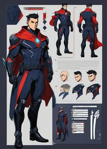 A turnaround character design sheet of a male superhero with a cape. Muscular figure. Short black hair. Color: Midnight blue and red. Comic book cell-shading style. Full body shot. Character standing 