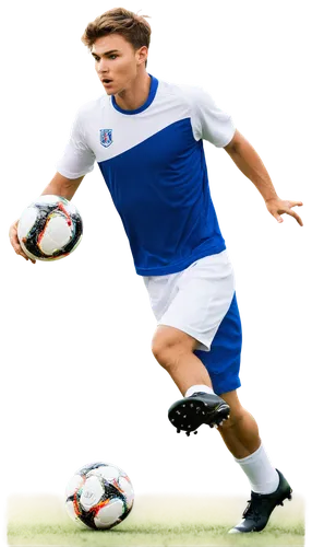 Soccer player, male, athletic build, sweaty, messy short hair, focused expression, white jersey, blue shorts, shin guards, cleats, kicking ball, dynamic pose, outdoor stadium, green grass, sunny day, 