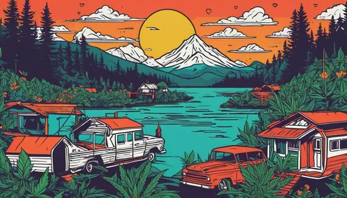 travel trailer poster,campground,campsite,autumn camper,tofino,caravan,alaska,campervan,vanlife,vanagon,camper,campers,travel poster,rainier,camping,camping car,camper van,west canada,digital illustration,camping bus,Illustration,Vector,Vector 06