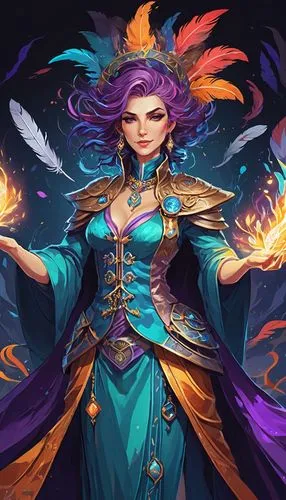 A wildly eccentric female mage, bedecked in mismatched, shimmering robes adorned with mismatched buttons and feathers, each detail exuding a vibrant, chaotic energy. This character would be a key figu