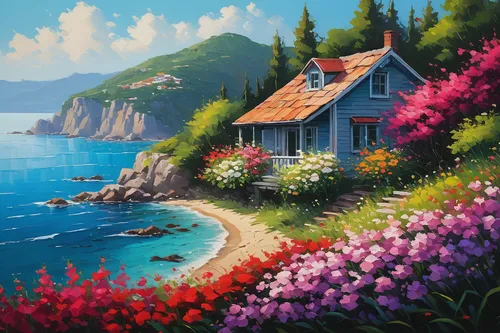 summer cottage,cottage,coastal landscape,home landscape,landscape background,fisherman's house,sea landscape,seaside country,beach landscape,house by the water,seaside resort,mountain beach,idyllic,ocean view,seaside view,beautiful landscape,landscape with sea,sea of flowers,sea-shore,nature landscape,Conceptual Art,Fantasy,Fantasy 32