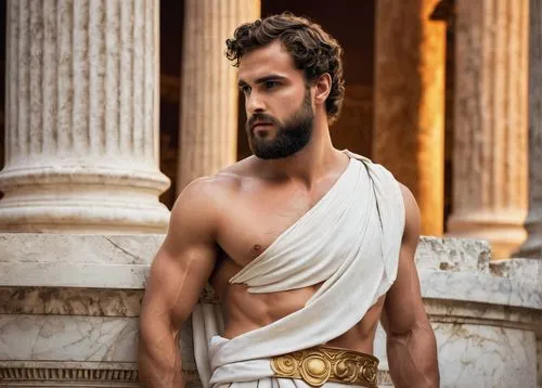 Ancient Greek theatre, actor, dramatic pose, white toga, laurel wreath, strong facial features, intense gaze, bold eyebrows, short beard, muscular arms, grand columned backdrop, marble floor, soft gol