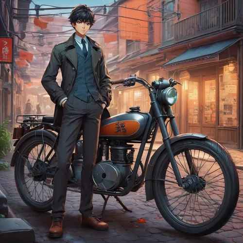 motorcycle,yukio,bicycle mechanic,motorbike,ural-375d,bicycle,violet evergarden,detective,bike,black motorcycle,velocipede,stylish boy,motorcycles,e bike,commuter,french digital background,old bike,parked bike,a pedestrian,model t,Art,Classical Oil Painting,Classical Oil Painting 10