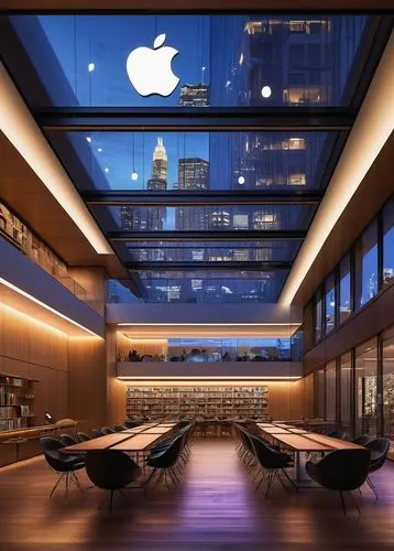 Apple Music, modern e-business architecture, sleek glass building, minimalist interior design, futuristic atmosphere, LED light installations, interactive touchscreen displays, white Apple logos, wood