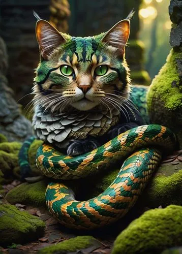 emperor snake,patrol,green snake,rex cat,animal feline,emerald lizard,cat warrior,aaa,anaconda,toyger,boa constrictor,forest animal,serpent,tiger cat,tabby cat,green tree snake,cat image,anthropomorphized animals,bengal cat,tiger python,Art,Classical Oil Painting,Classical Oil Painting 27