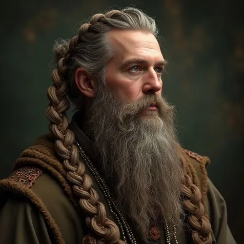 a male Tolkien dwarf inventor with a braided beard. The beard contains rings and beads.,an old pograph of a man with a beard and ids,fili,blackwall,ragnar,rhaetian,thoralf,male elf