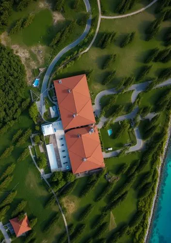 an aerial view of two houses near water,holiday villa,overhead shot,bird's-eye view,farmstead,aerial shot,private estate,country estate,island church,bird's eye view,farmhouses,from above,birdview,lig