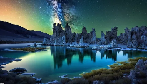 mono lake,astronomy,northen lights,alien world,milky way,northern lights,pillars of creation,the northern lights,nothern lights,the milky way,new zealand,fantasy landscape,milkyway,alien planet,northern light,heaven lake,south island,landscapes beautiful,norther lights,fantasy picture,Illustration,Paper based,Paper Based 18