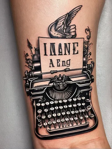 Imagine a typewriter font tattoo with a futuristic twist, representing a tech-savvy individual's love for both tradition and innovation.,vane,ink,tattoo,typewriter,tattoo artist,with tattoo,adã©lie pe