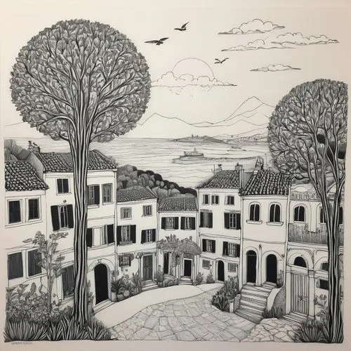 fresnaye,escher village,linocut,meran,pen drawing,giardini,asolo,corviglia,terraces,townhouses,bawden,merano,cortile,linocuts,levanto,michelozzo,line drawing,village scene,bellairs,artena,Illustration,Abstract Fantasy,Abstract Fantasy 03