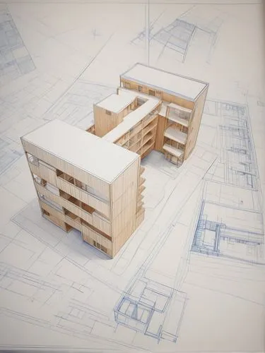 Dibujo a linea con sombras en axonometria de conjunto de viviendas, marcando huecos como balcones, volúmenes que sobresalen como ventanales y lineas en la fachada como ventanas, pasarelas uniendo ambo