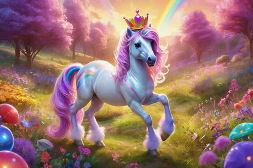 Magical pony, custom OC, pastel colored mane, sparkly blue eyes, delicate eyelashes, flowing silver tail, rainbow striped socks, glittery purple hooves, wearing a tiny golden crown, holding a heart-sh