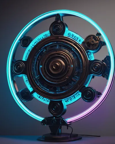 Construct a futuristic and technological discord banner gif with rotating gears and neon lights.,mechanical fan,cinema 4d,gyroscope,3d render,ship's wheel,revolving light,3d model,fishing reel,time sp