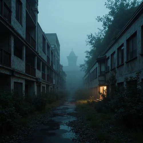 Mysterious foggy atmosphere, dark blues and greys, eerie misty veil, subtle warm lighting, atmospheric perspective, cinematic depth of field, soft focus, muted earth tones, weathered stone walls, aban