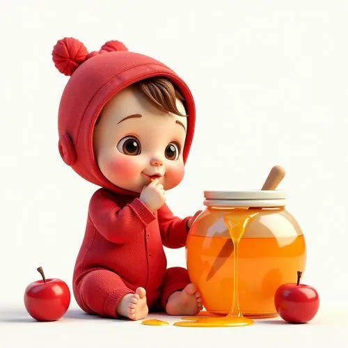 cute cartoon character,cute cartoon image,apple juice,kewpie doll,jar of honey,honey jar