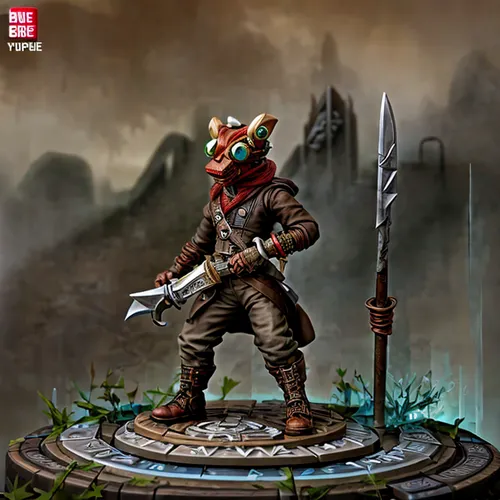 Minute dragon-man steampunk archaeologist holding swords,chakan,skaven,eberron,keeshan,slann,duergar,githyanki,kobold,gnoll,nosgoth,gurgan,redwall,heroquest,yoshimitsu,kharga,protohistoric,prejmer,got