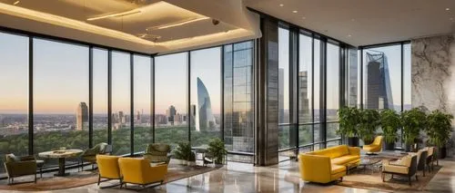 Modern skyscraper, Amy Reichert Architecture Design LLC logo, glass facade, steel frame, sleek lines, urban cityscape, evening time, warm yellow lighting, floor-to-ceiling windows, minimalist interior