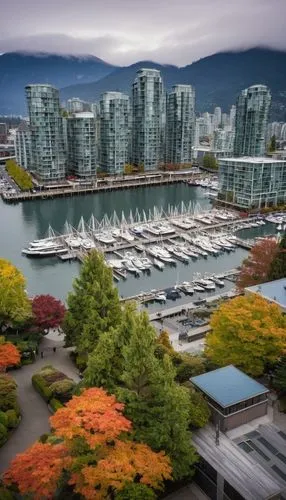 Vancouver BC, modern Canadian architecture, sleek glass skyscrapers, steel frames, angular shapes, rooftop gardens, urban landscape, misty mountains in the background, Granville Island, waterfront, se