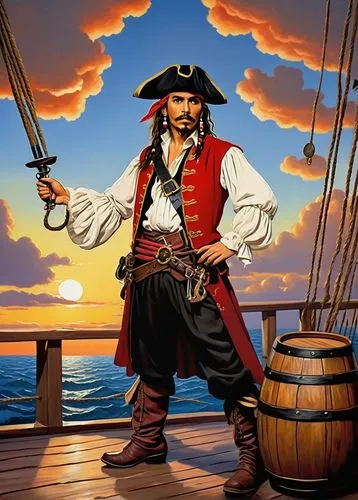 Pirate captain, Jack Sparrow, cartoon style, humorous expression, messy brown hair, iconic braids, white shirt with billowy sleeves, red vest, worn leather boots, holding a compass, standing on the de