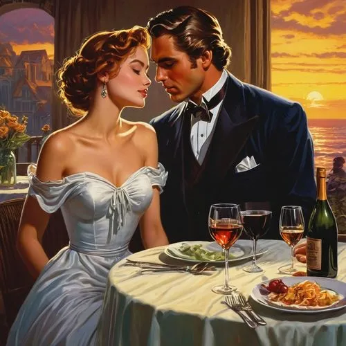 romantic dinner,romantic scene,amants,romantic portrait,hildebrandt,vintage man and woman,romantic night,romancing,romantico,cosmopolitans,romantica,romanticism,romantique,romanticization,honeymoon,aperitif,suitor,courtship,tanqueray,romanced,Illustration,Retro,Retro 14