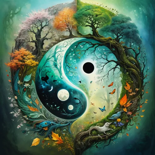 "elegant intricate yin yang made of nature, fall And spring, a magical fantasy forest with beautiful midday sunrays by Josephine Wall, Amanda Clark, Russ Mills, Guido Borelli :: incredible depth, CGSo