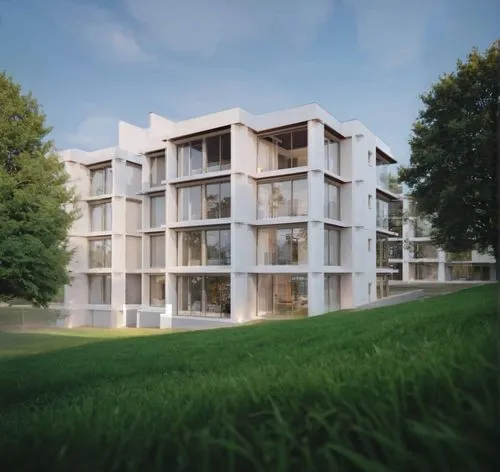 grass and trees
,an artist's rendering of a four - story apartment building in a grassy area,plattenbau,passivhaus,europan,eisenman,maisonettes,arkitekter