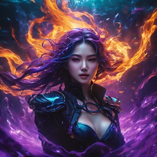 medusa,la violetta,fantasy portrait,cg artwork,sorceress,fire background,monsoon banner,nebula guardian,medusa gorgon,fantasy picture,fire siren,purple,blue enchantress,purple background,rosa ' amber 