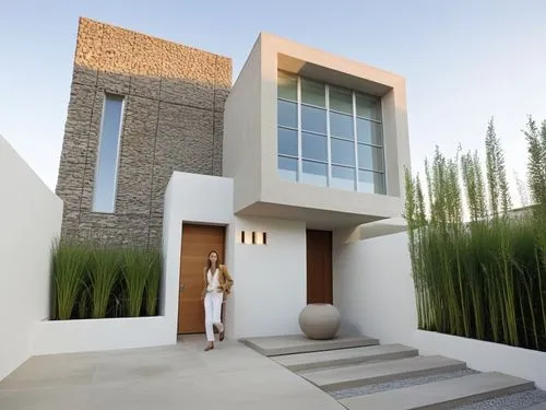 a woman is standing in front of a house,modern house,mahdavi,iranian architecture,yazd,dunes house,cubic house,Photography,General,Realistic