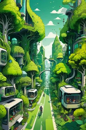 ecotopia,cartoon forest,futuristic landscape,green forest,green train,forest road,green valley,cybertown,environment,city highway,aurora village,green trees,fantasy city,moss landscape,greentown,tram road,verdant,greenforest,environments,microdistrict,Illustration,Black and White,Black and White 05