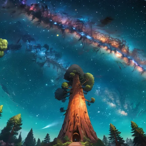 entering the giant sequoia on a starry night, fantasy,ent,magic tree,wildstar,mushroom landscape,starbound,strange tree